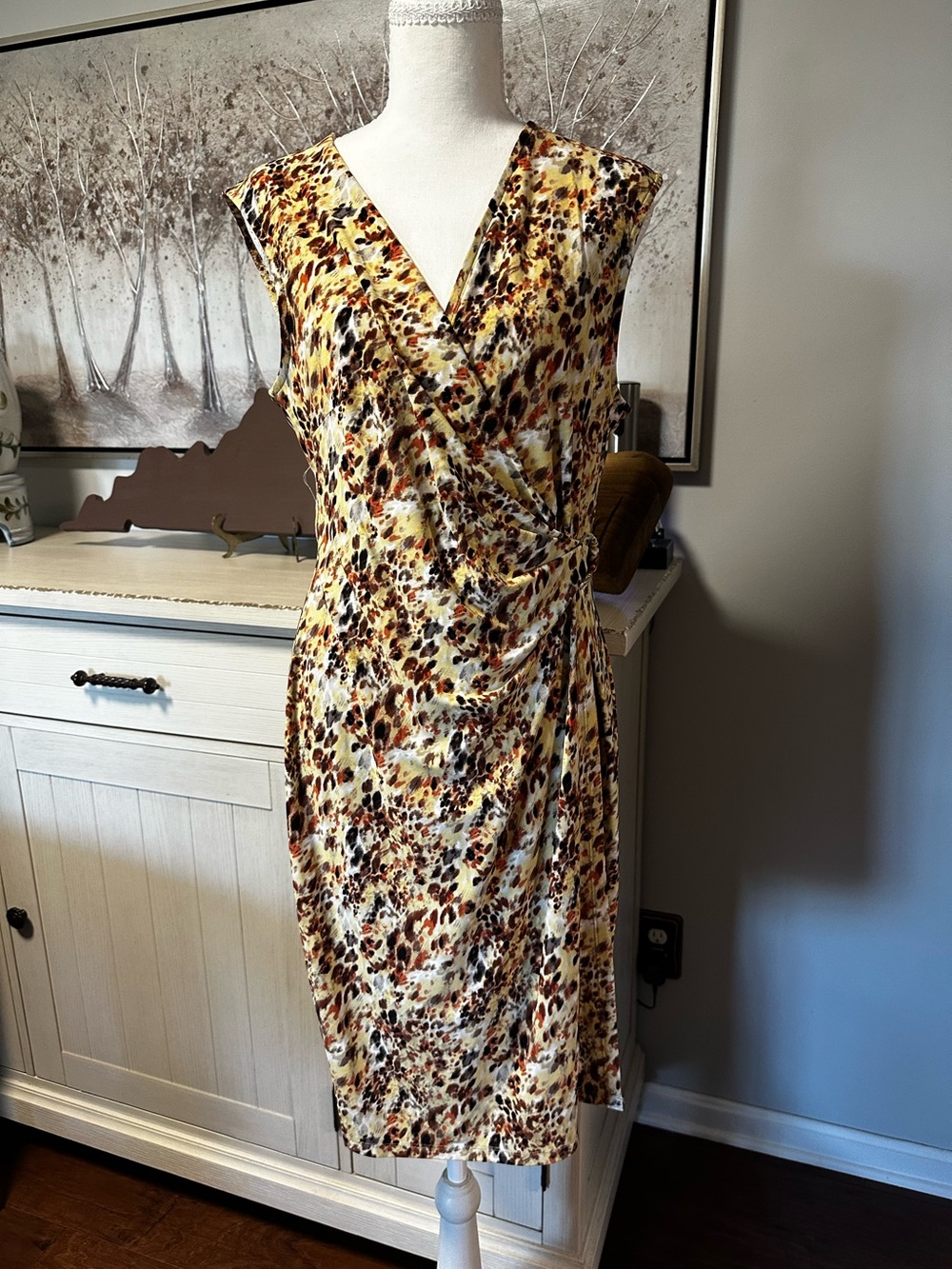 Kasper Yellow and Brown Animal-Print Midi Wrap Dress